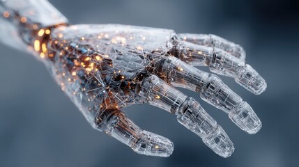 transparent robotic hand glowing circuits