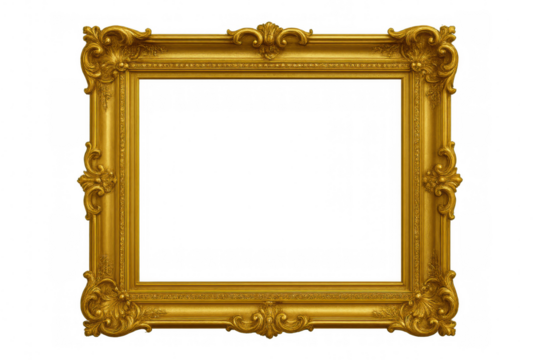 Classic golden ornate frame with transparent background, perfect for showcasing artwork or photos