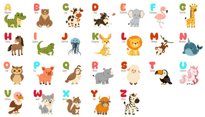 Cute cartoon illustration of an alphabetic zoo with animals for each letter from A to Z, ideal for kids' education, nursery decor, and learning resources