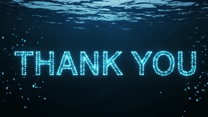 Dazzling neon blue "THANK YOU" message illuminates deep underwater, creating a magical, glowing effect perfect for any project. - Powered by Adobe