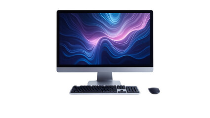 Silver all in one computer with keyboard and mouse for home office or business desktop setup design on transparent background