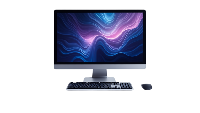 Silver all in one computer with keyboard and mouse for home office or business desktop setup design on transparent background