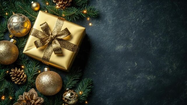 Festive christmas arrangement with gold gift box and ornaments on dark background. Merry Christmas. Happy New Year