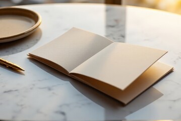 Fototapeta premium Partially open luxury trifold brochure mockup displayed on smooth Carrara marble surface, with a gold pen resting nearby for a sophisticated workspace aesthetic.