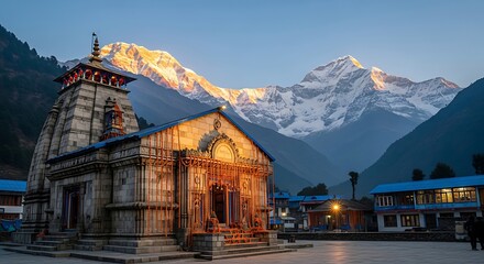 Ancient Hindu temple in the Himalayas, sacred stone architecture at sunrise, majestic snow-capped mountain peaks in the background, spiritual pilgrimage site © Kasun