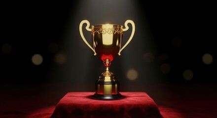 Gold Trophy on Velvet Podium with Dramatic Spotlight