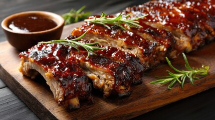 a wooden cutting board topped with ribs covered in bbq sauce