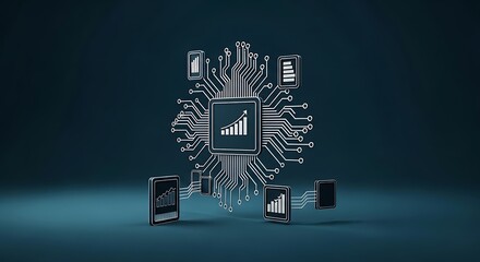A 3D rendering of a central processor with a growth chart icon, analyzing data from floating digital documents.