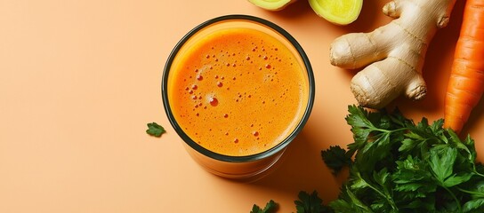 Carrot ginger juice is displayed alongside fresh herbs and vegetables on a vibrant surface