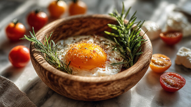 Delicious fried egg in a wooden bowl with fresh rosemary and cherry tomatoes.