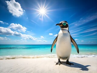 Obraz premium Cool penguin wearing sunglasses enjoying a sunny day on a tropical beach with blue sky and turquoise water