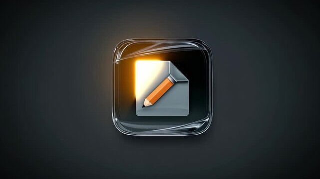 3D render of skeuomorphic glass app icon with orange pencil on document symbol on dark background