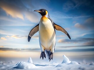 Fototapeta premium Majestic emperor penguin gracefully leaps across the icy expanse of antarctica, wings spread wide