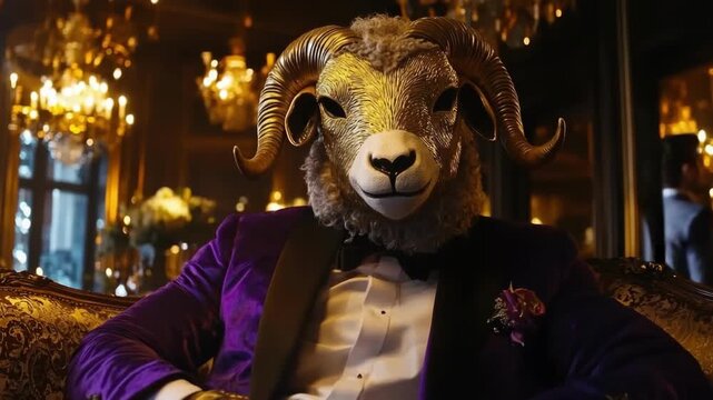 Man wearing a golden ram animal mask and purple tuxedo sits on a luxury couch. Costume party or masquerade concept footage.