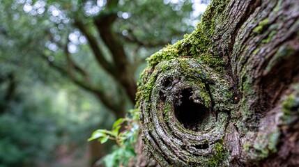 Obraz premium A moss-covered tree with a hole in its trunk