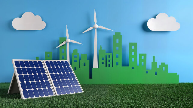 Photovolta&iuml;que, panneaux solaire et &eacute;oliennes pour alimenter la ville verte, &eacute;nergie renouvelable
