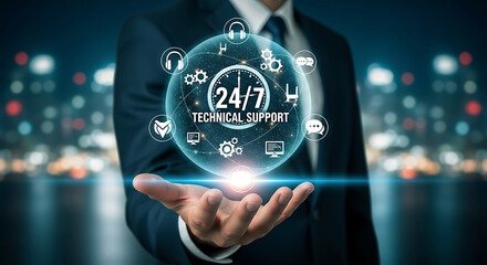 Man holding glowing sphere with 24/7 technical support icons