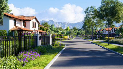 Fototapeta premium Serene view of wealthy gated community featuring beautiful homes, lush greenery, and vibrant flowers along street