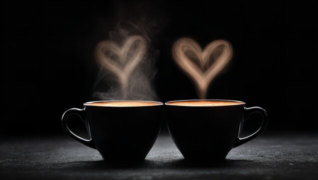 Two Steaming Coffee Cups with Heart-Shaped Vapor on Black Background Symbolizing Love and Togetherness