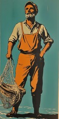 A fisherman poses proudly, holding a net basket with a vibrant background, showcasing strength