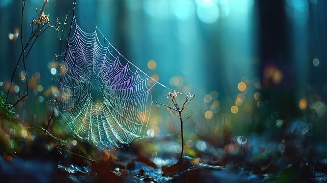  A macro shot of a spider web glistening with dew on a leafy ground in the woods