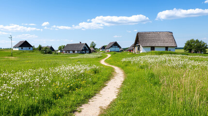 Scenic view of traditional village with thatched roof houses surrounded by lush green fields and blooming flowers