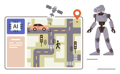 AI circuit powering smart traffic system with autonomous car, pedestrian signals, GPS satellite. Humanoid robot nearby. Ideal for technology, automation, AI, innovation, mobility robotics data