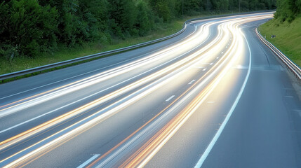 Abstract view of light trails on highway, showcasing dynamic movement of vehicles at night, creating vibrant scene