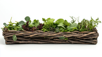 Fototapeta premium Fresh greens in woven basket, showcasing variety of textures and colors, perfect for healthy meals