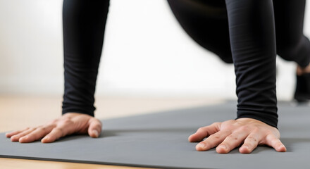 Athlete warming up with push-up position on grey exercise mat indoor, wearing black athletic apparel.