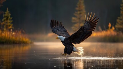   An eagle spreads wings and lands on water's edge
