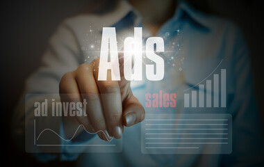 digital marketing and online advertisement, Ads', symbolizing digital marketing, ad investment, and sales analysis for online business growth