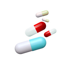 Colorful Capsules Falling on Black Background: 3D Render of Medicine, Healthcare, and Pharmacy Concept.