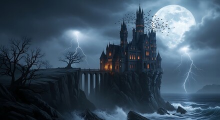 A foreboding gothic castle on a cliff by the sea during a dramatic thunderstorm with a full moon.