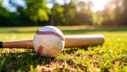 Close-up of a baseball and bat lying on grass under a sunny sky.