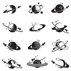 monochrome design collection of planet saturn with rocket isolated on white background © Alexkava