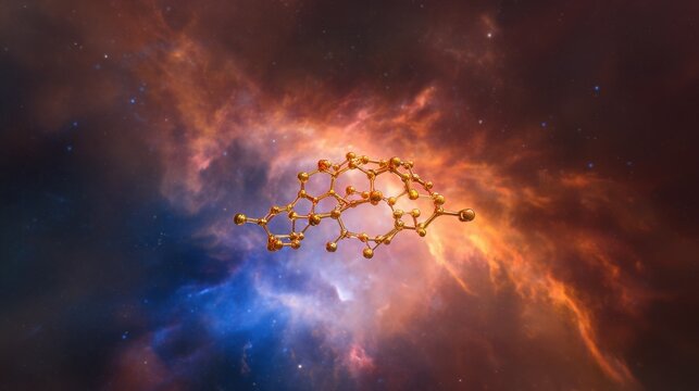 A golden molecular structure of spermidine floating above a brain-shaped nebula, glowing with energy.