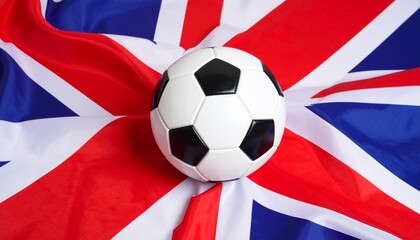 Soccer ball resting on a Union Jack flag, symbolizing British football culture.