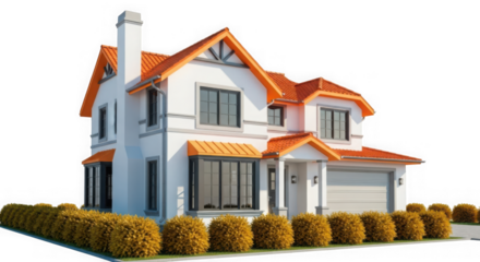 Beautiful modern house with orange roof isolated on transparent background