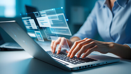 Woman's Hands Typing on Laptop with Futuristic Holographic Interface Overlay, Modern Technology Concept, Blue Tone