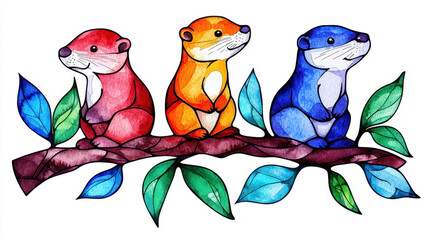 Playful otters in vibrant colors, stained glass style, sitting on branch surrounded by leaves, exuding joy and charm