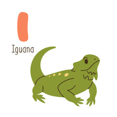 Cute cartoon illustration of an iguana with the letter I, ideal for kids' alphabet learning, educational posters, and nursery decor