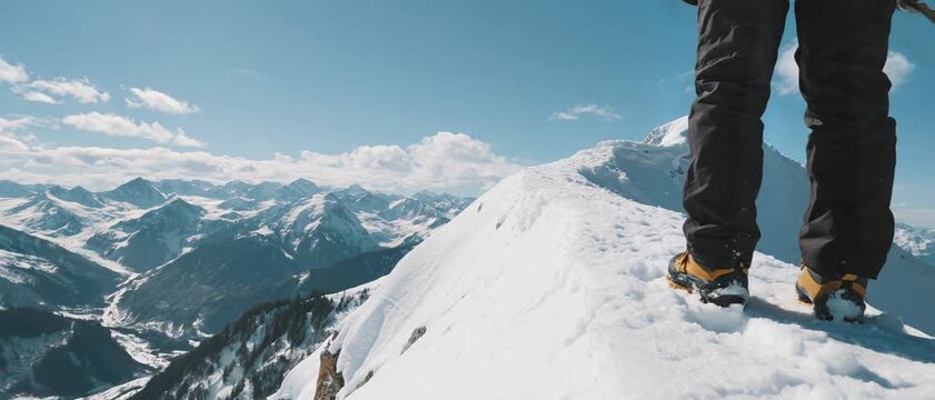 Solo ascent, mountaineer, alpine ridge, photo, snowy mountains, eye-level, perseverance and exploration