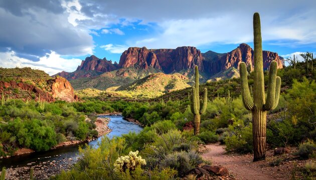 Desert landscape with mountains and river