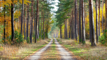 Fototapeta premium Serene road surrounded by tall trees, leading into vibrant forest filled with autumn colors, evokes sense of tranquility