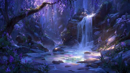   Purple-flowered waterfall in forest landscape with rocky foreground