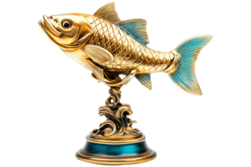 Ornate golden fish sculpture with turquoise accents isolated on transparent background