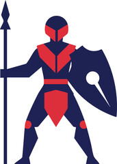 Medieval knight with spear and shield in red and navy blue armor vector illustration 