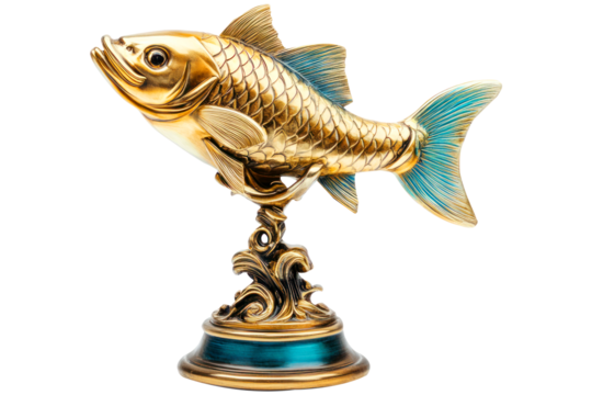 Ornate golden fish sculpture with turquoise accents isolated on transparent background