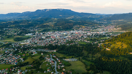 erial view of the town of Pale with forested surroundings and the Romanija mountain in the background